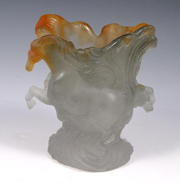 Appraisal: DAUM SIGNED PATE DE VERRE ART GLASS VASE ''CHEVAUX DE