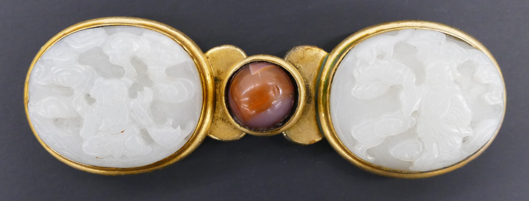 Appraisal: Chinese Ming Jade and Carnelian Buckle ''x '' Impressive relief