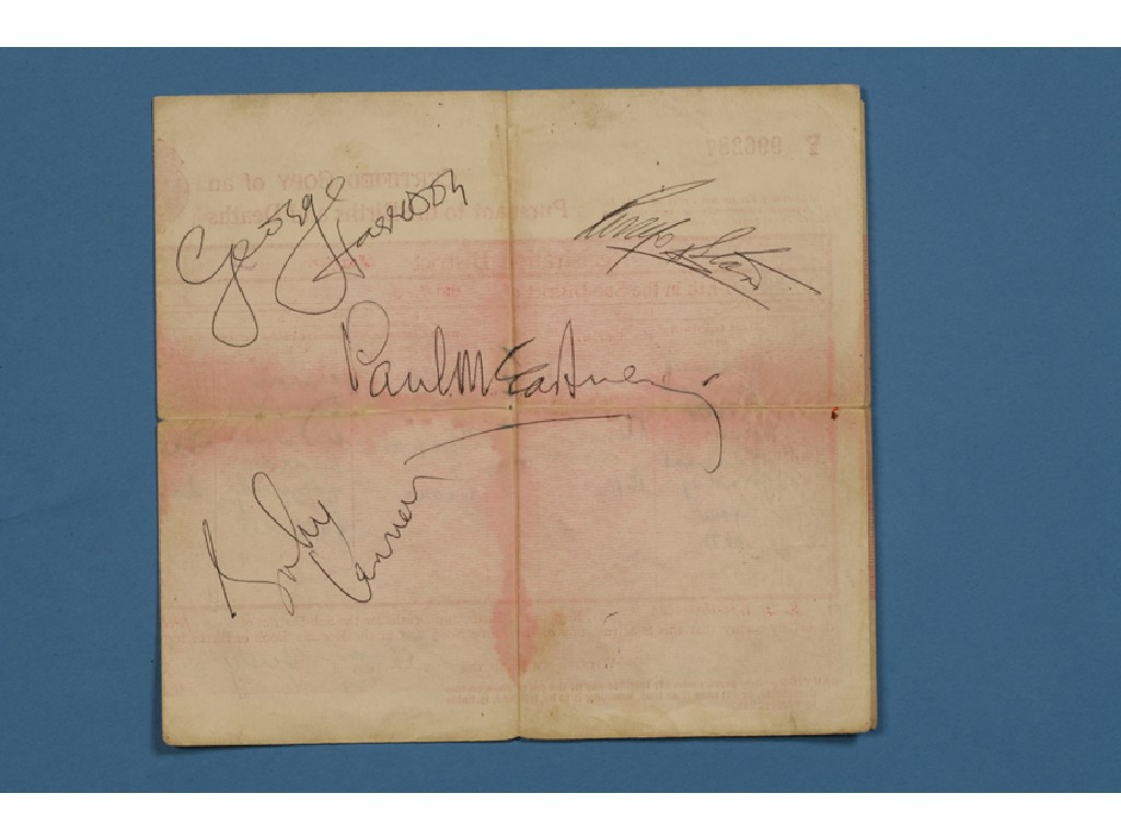 Appraisal: THE BEATLES Autographs of George Harrison Ringo Star Paul McCartney