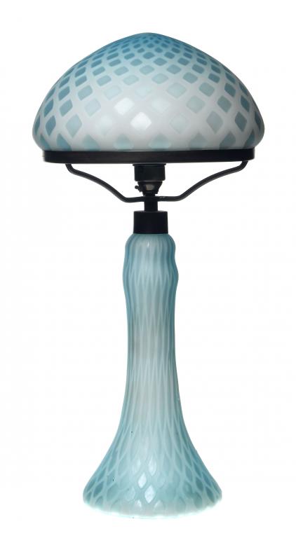 Appraisal: A BLUE SATIN GLASS ELECTRIC TABLE LAMP AND MUSHROOM LAMPSHADE