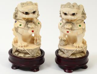 Appraisal: PAIR OF CARVED JEWELED IVORY FU DOGS LLADRO PORCELAIN GROUP