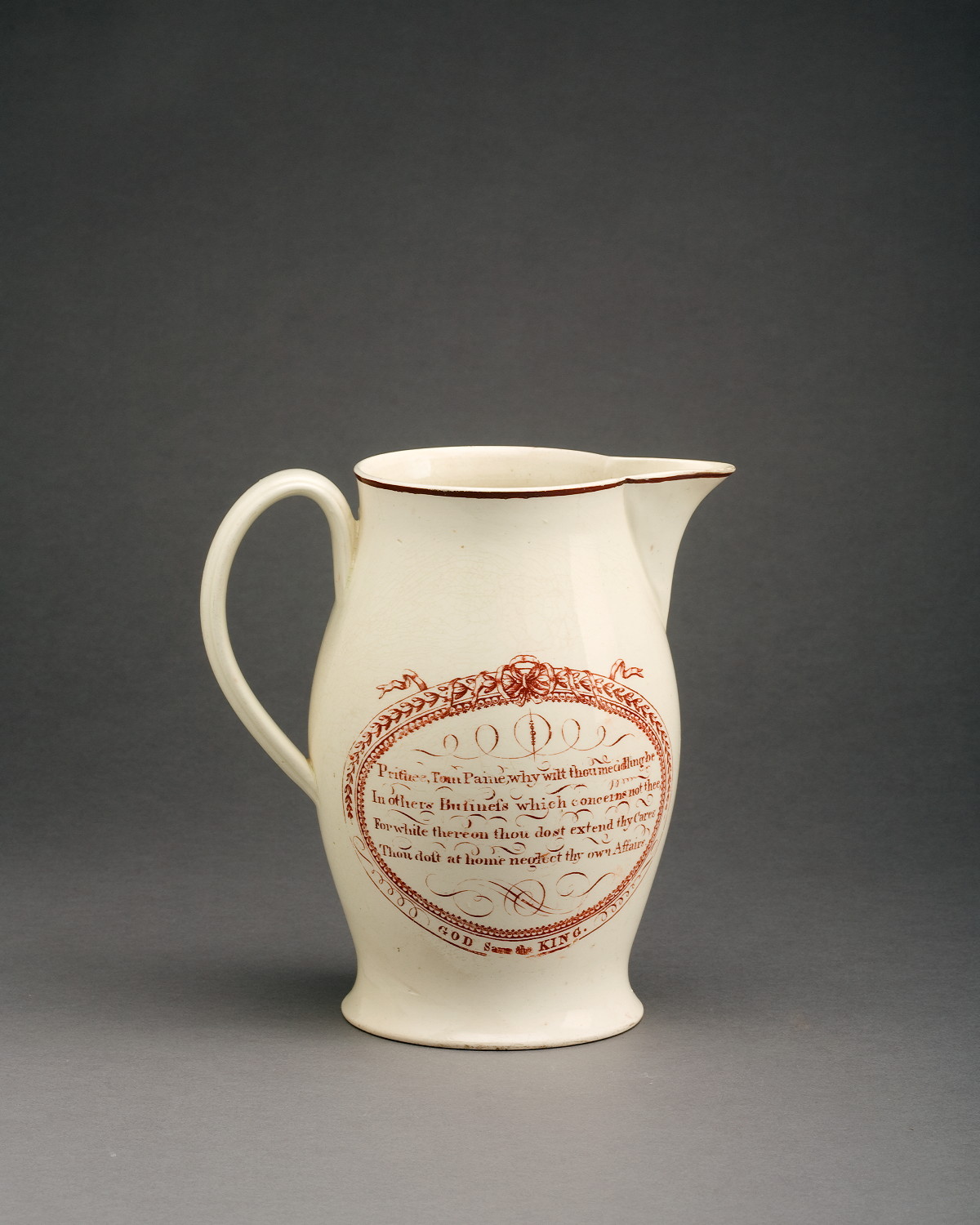 Appraisal: ENGLISH CREAMWARE RED TRANSFER-PRINTED JUG PROBABLY STAFFORDSHIRE CIRCA OR Printed