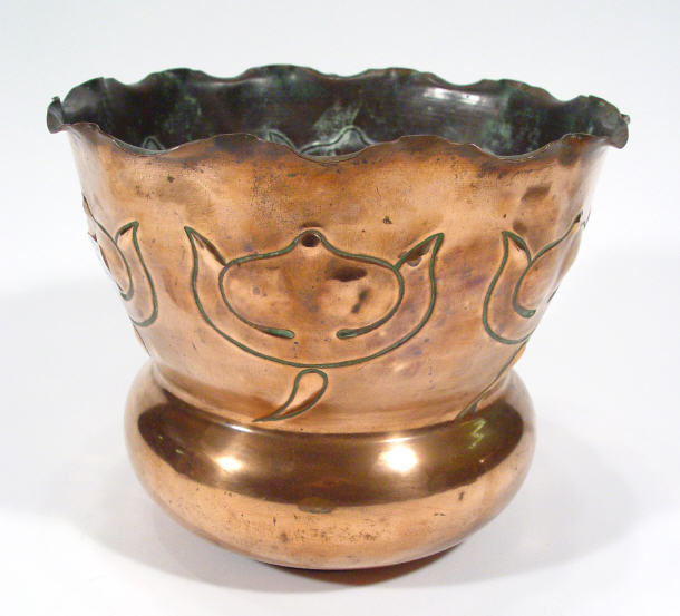 Appraisal: Art Nouveau fluted copper jardiniere with embossed stylised flowers cm