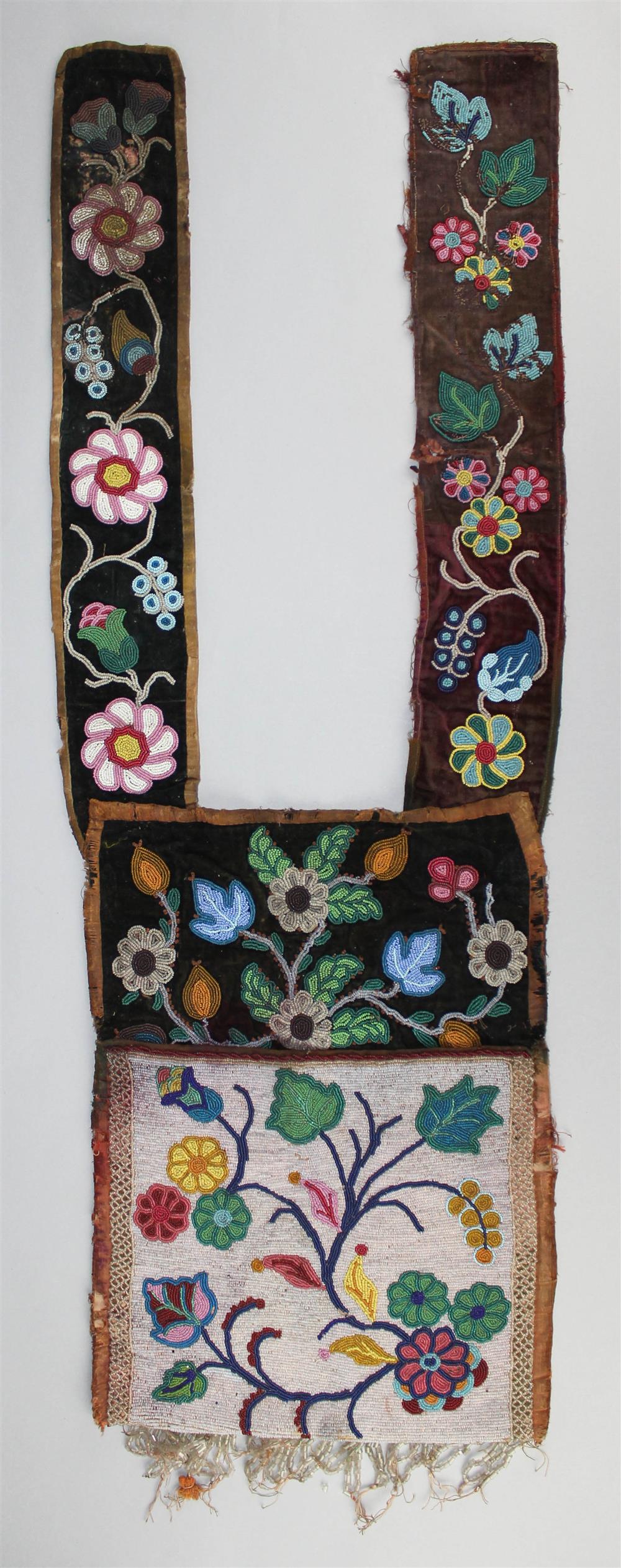 Appraisal: GREAT LAKES BEADED CLOTH BANDOLIER BAG scrolling floral elements beaded