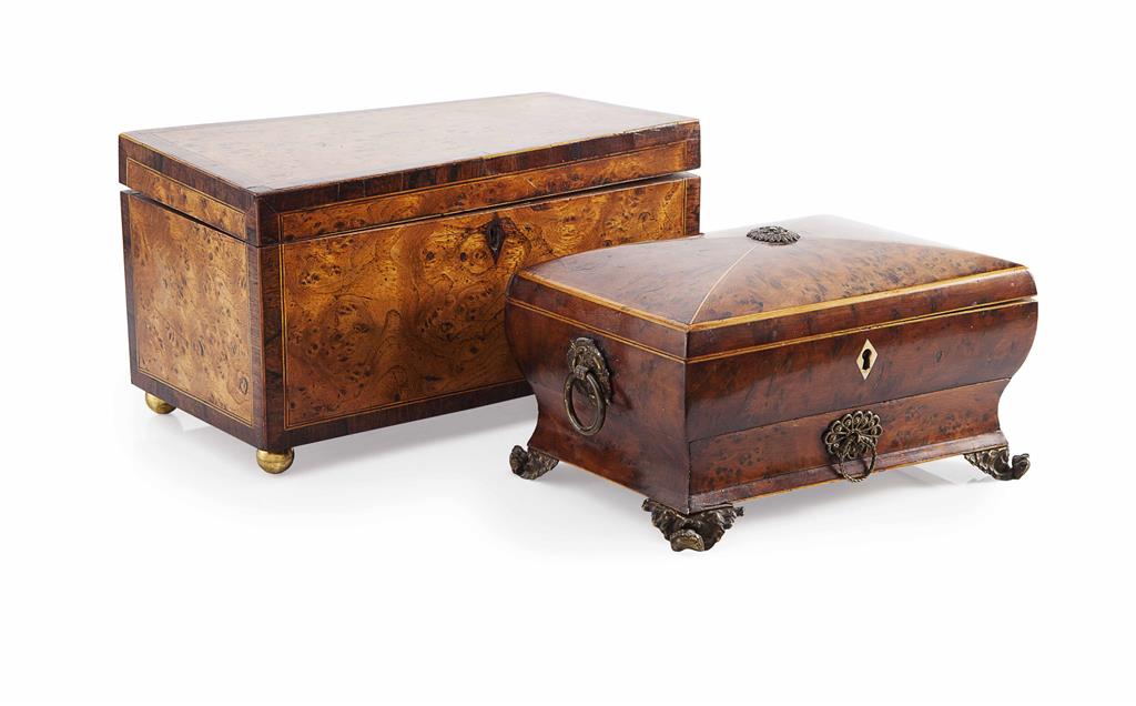 Appraisal: TWO GEORGIAN BURRWOOD BOXES EARLY TH CENTURY comprising a sarcophagus