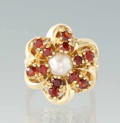 Appraisal: A Ladies' Pearl and Garnet Ring k yellow gold ring