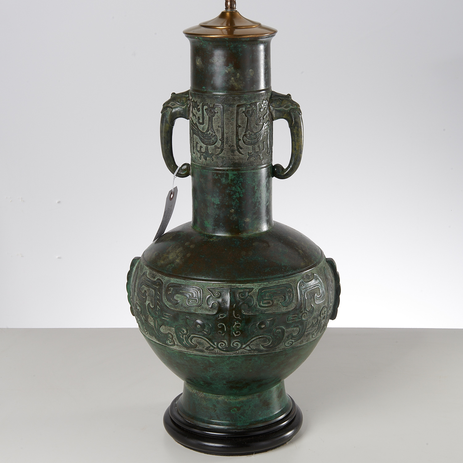 Appraisal: ARCHAIC CHINESE STYLE BRONZE VASE LAMP th c verdigris finished