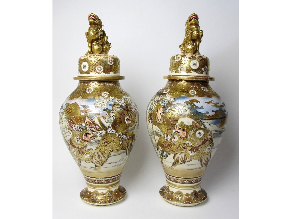 Appraisal: A pair of Satsuma baluster vases painted with a Samurai