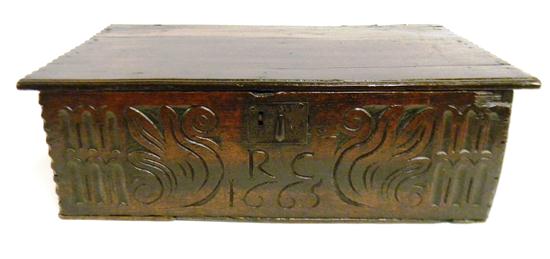 Appraisal: Early possibly English Continental Bible box carved oak front decorated