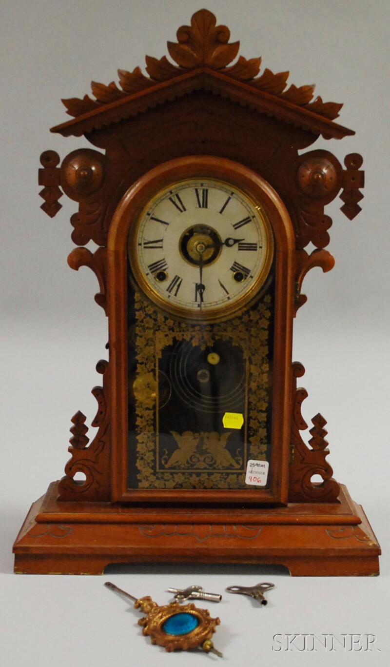 Appraisal: E N Welch Walnut Mantel Clock Connecticut c gingerbread-type with