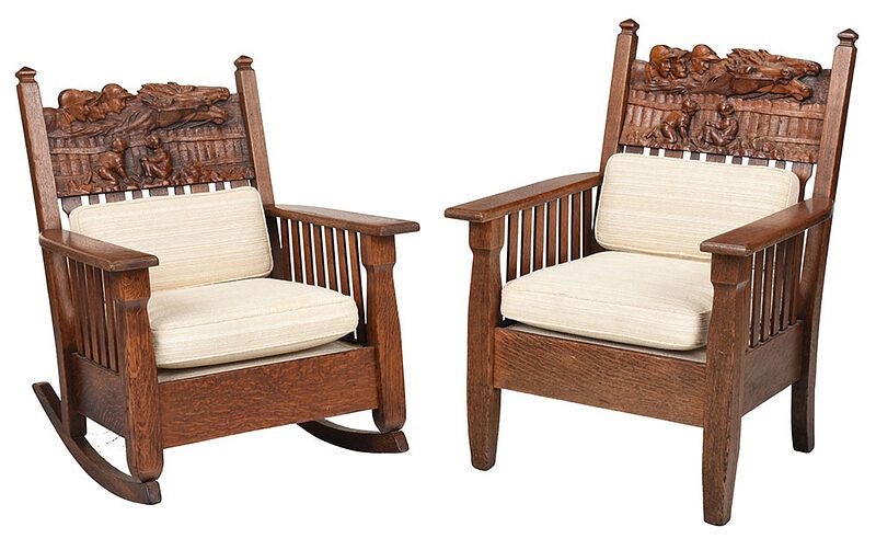 Appraisal: Rare Pair Arts and Crafts Horse Racing Chairs American early