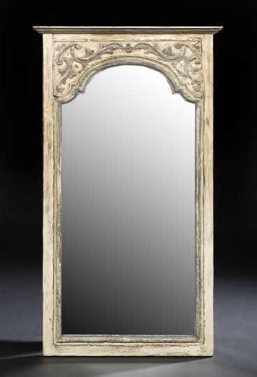 Appraisal: French Carved and Antique-White- and Gray-Painted Beechwood Looking Glass first