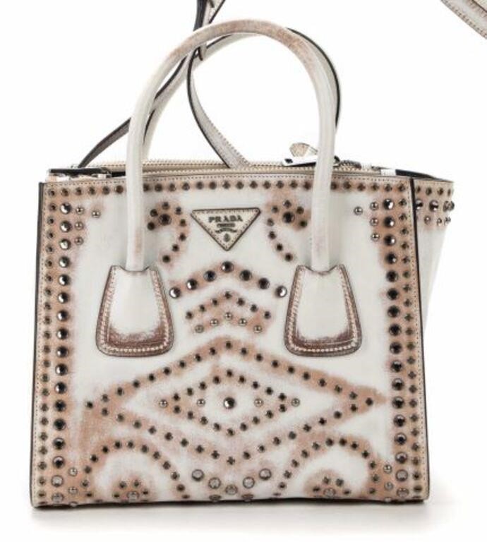 Appraisal: Prada Studded Twin handbag in white and tan distressed leather