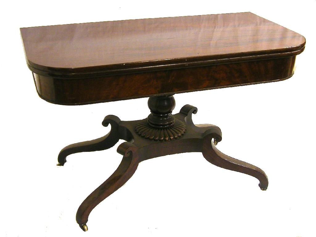 Appraisal: Late Regency mahogany fold-over swivel-top tea table supported upon a