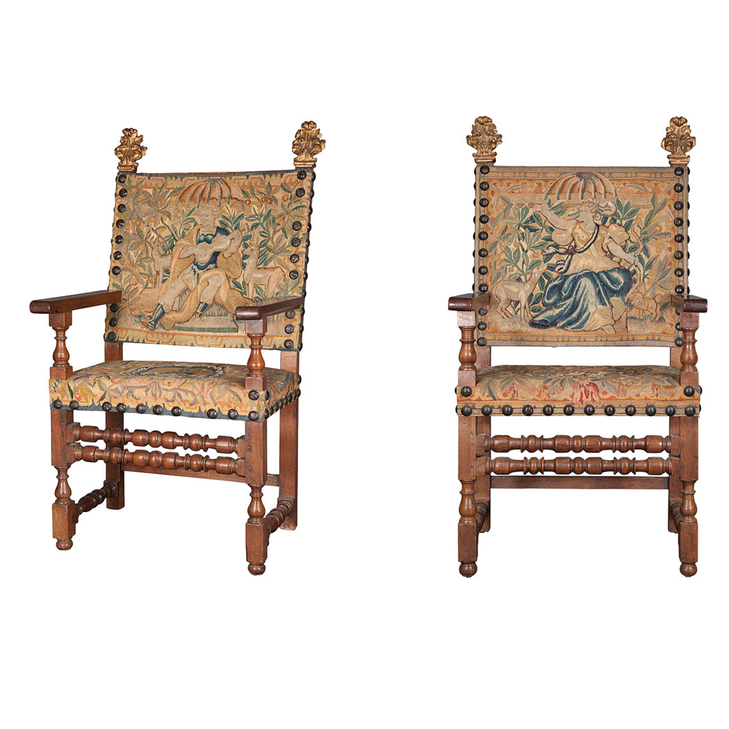 Appraisal: Pair of Italian Renaissance Tapestry Upholstered Walnut and Parcel Gilt