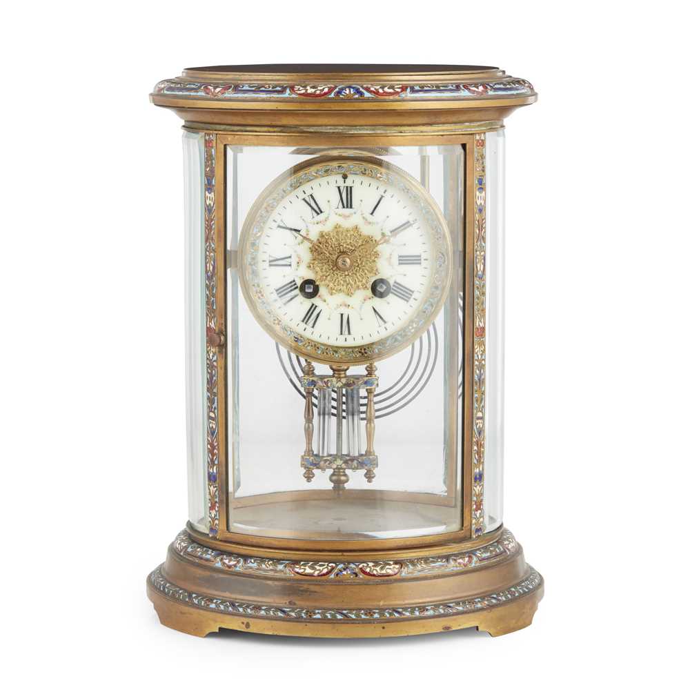 Appraisal: FRENCH OVAL FOUR-GLASS BRASS AND CHAMPLEV ENAMEL MANTEL CLOCK JAPY