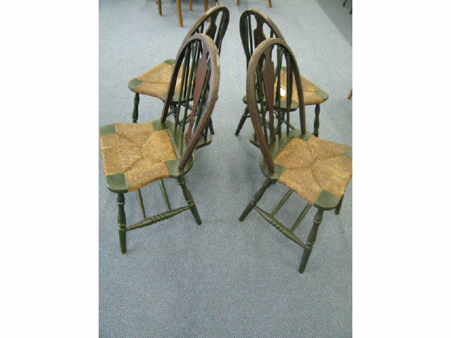 Appraisal: Set of Windsor Chairs spindle back rush seats green