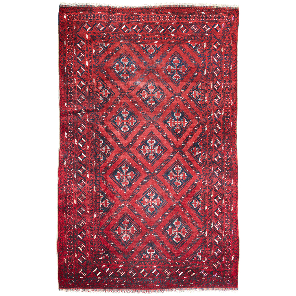 Appraisal: AFGHAN CARPET MODERN the red field with allover indigo lozenge