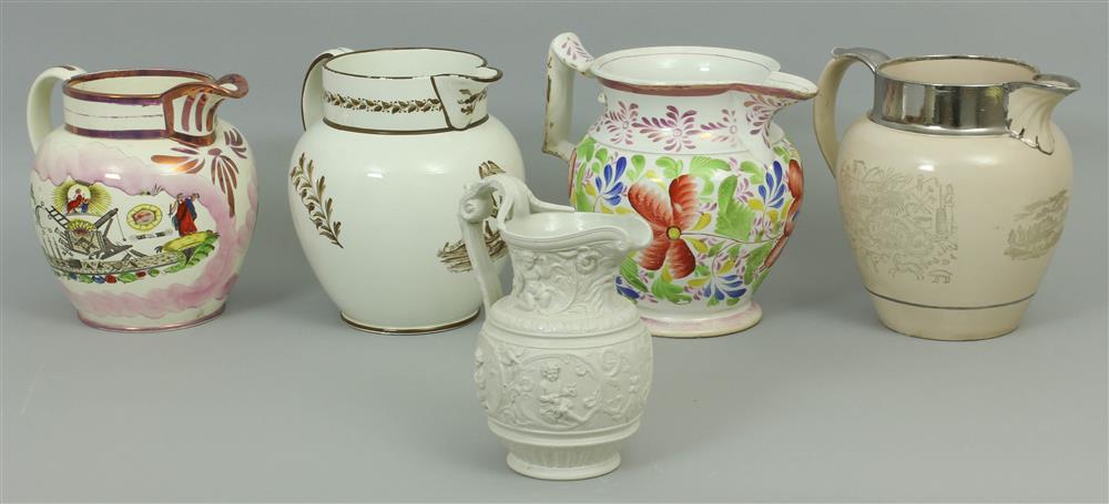 Appraisal: FOUR ENGLISH LUSTRE AND CREAMWARE PITCHERS AND A SALT-GLAZED STONEWARE