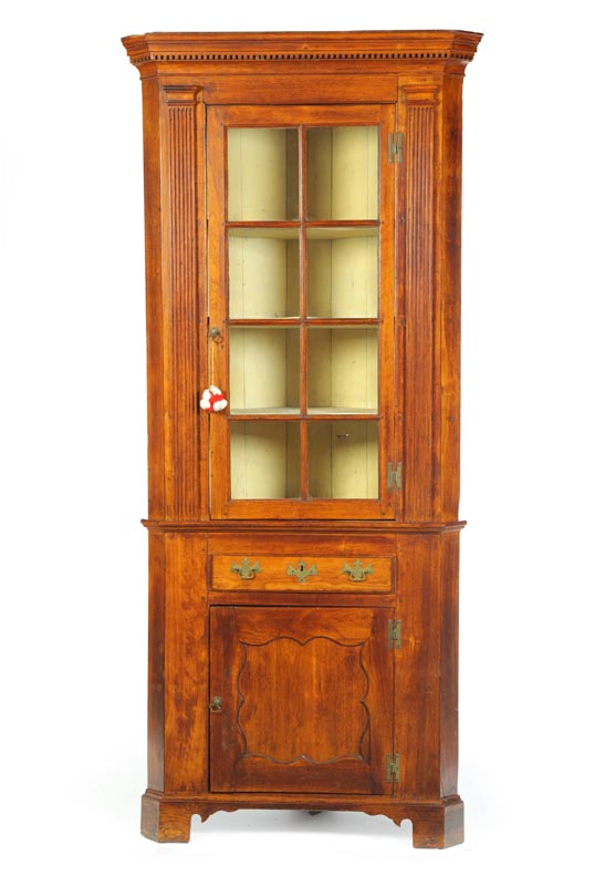 Appraisal: SMALL ARCHITECTURAL CORNER CUPBOARD American early th century walnut with