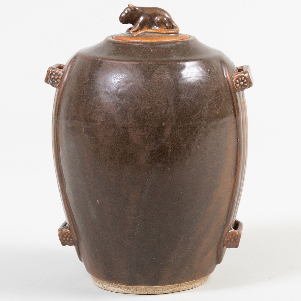 Appraisal: Chinese Brown Glazed Porcelain Vessel with Rat Form Finial Probably