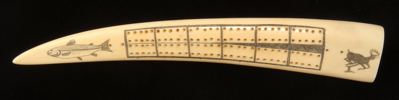 Appraisal: SCRIMSHAW-DECORATED WALRUS TUSK With cribbage board top flanked by a