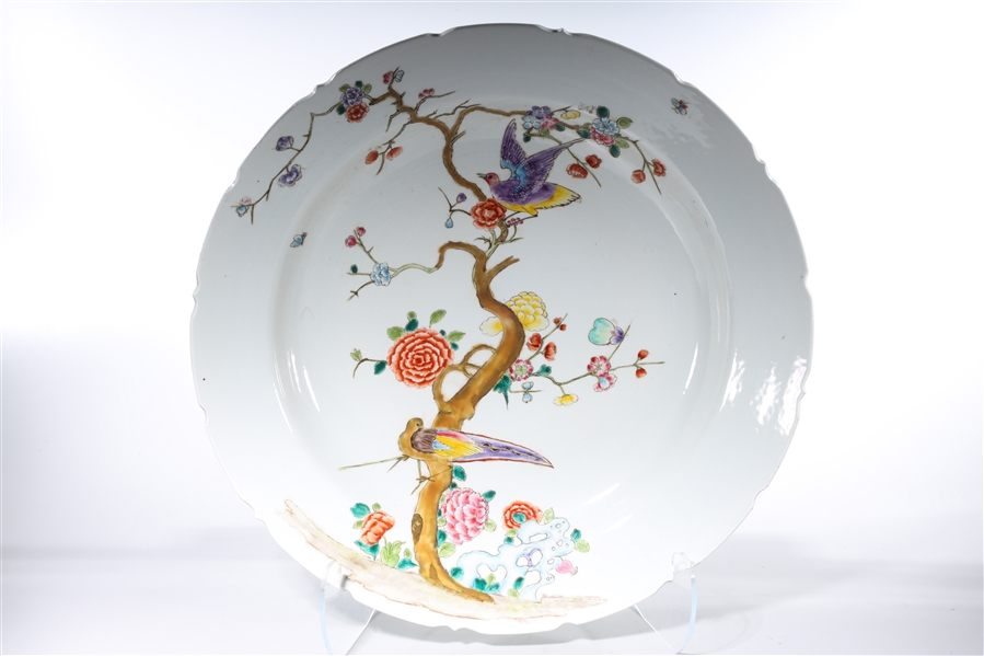 Appraisal: Large Chinese enameled porcelain charger depicting birds in a flowering