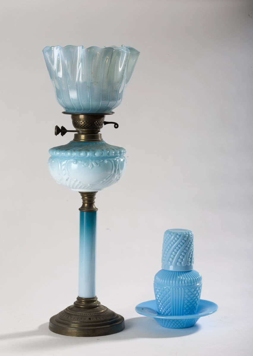 Appraisal: VICTORIAN BLUE GLASS AND BRASS KEROSENE LAMP AND A TUMBLE-UP