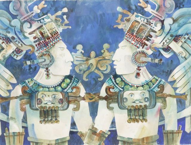 Appraisal: Framed watercolor and gouache painting on paper Maya Warrior Twins