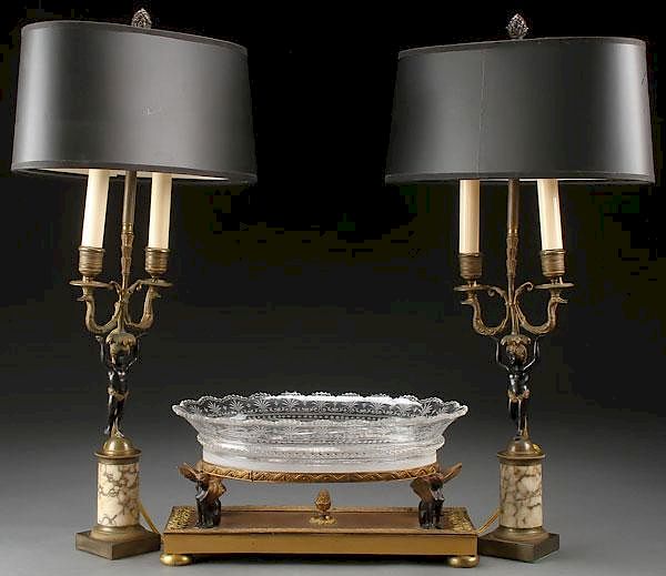 Appraisal: FRENCH EMPIRE GLASS BRONZE CONSOLE SET A FRENCH EMPIRE CUT