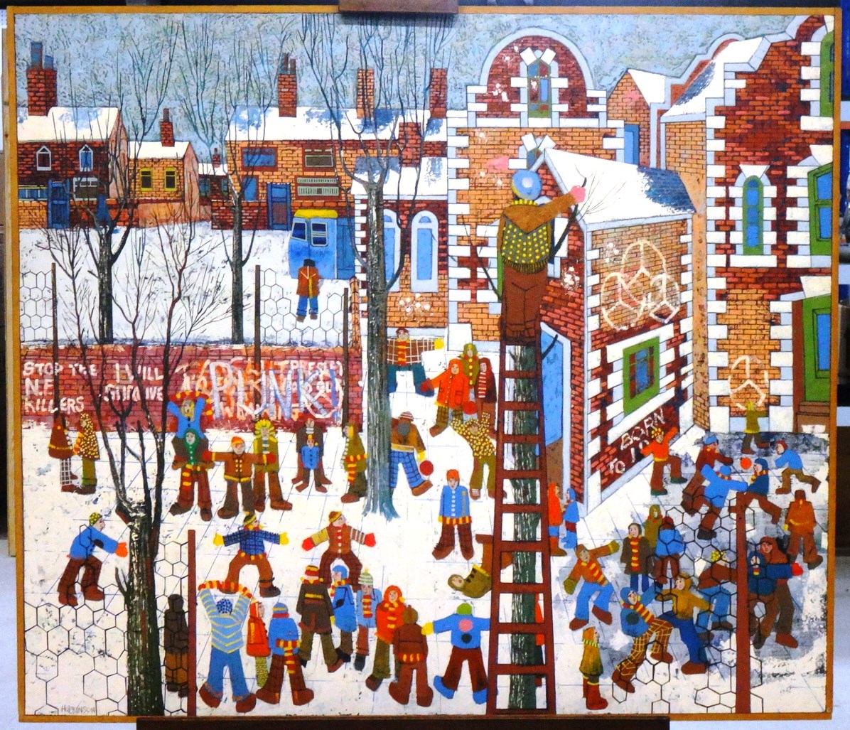 Appraisal: John Hopkinson b Trimming trees winter schoolyard acrylic on board