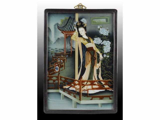 Appraisal: Japanese Revered Painting Under Glass Description Depicting Japanese woman on