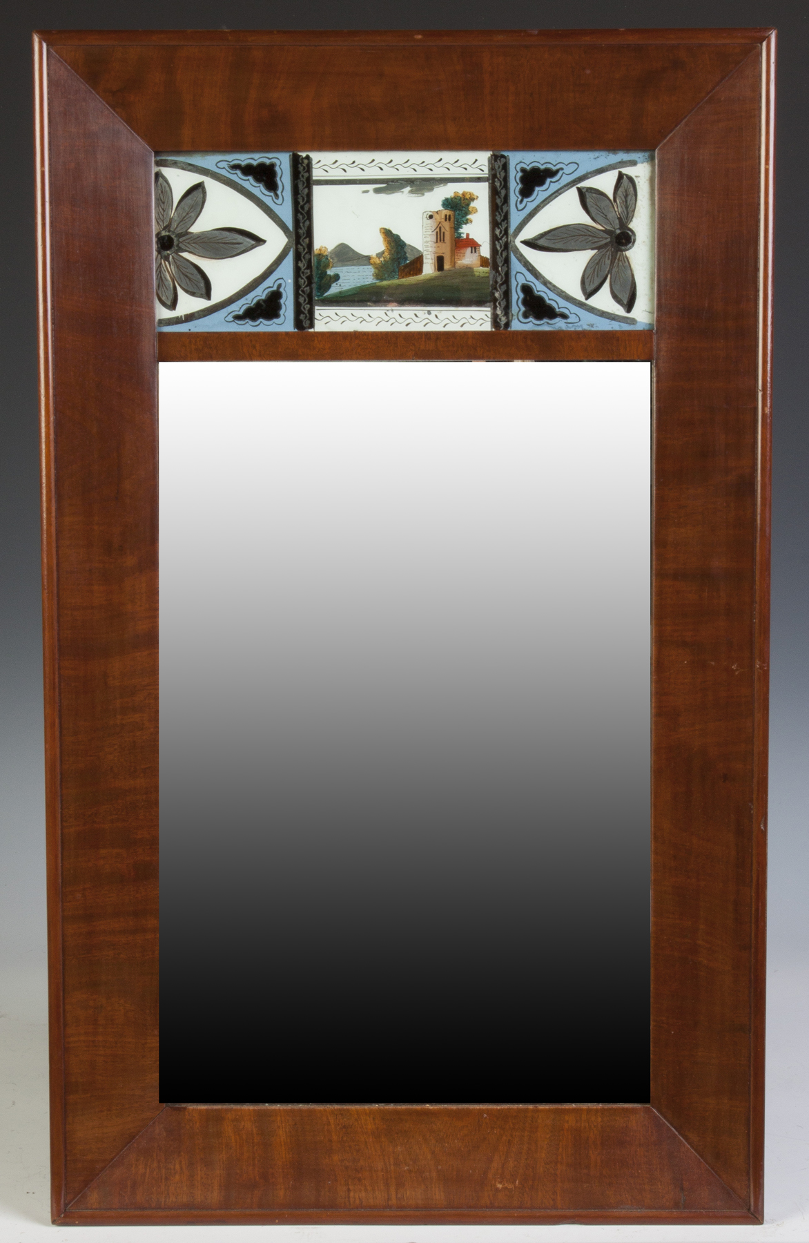 Appraisal: Wall Mirror with Reverse Painted Glass Early th cent Mahogany