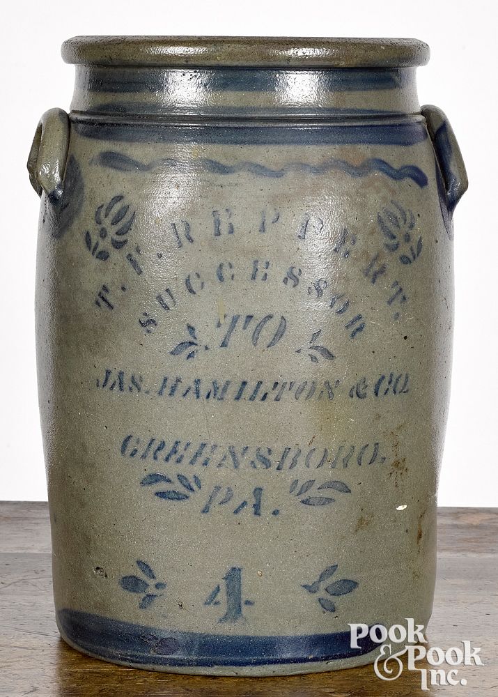 Appraisal: Western Pennsylvania four-gallon stoneware crock Western Pennsylvania four-gallon stoneware crock