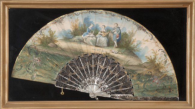 Appraisal: CASED PAPER AND MOTHER-OF-PEARL FOLDING FAN Possibly Italian th CenturyPaper