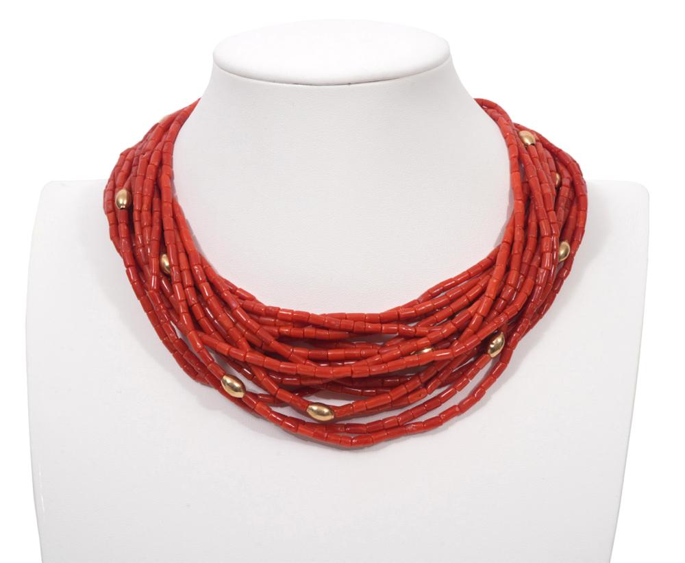 Appraisal: NATURAL SALMON COLORED CORAL MULTI-STRAND NECKLACENatural salmon colored coral and