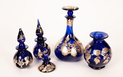 Appraisal: Five pieces of blue Laugharne glass with silver overlay comprising