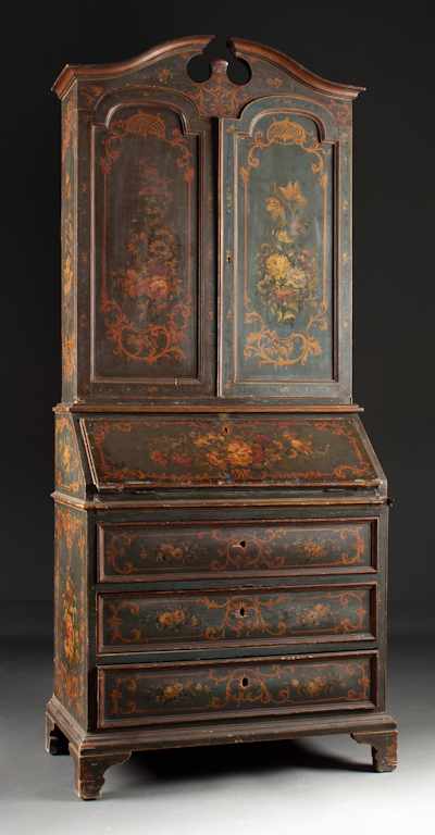 Appraisal: Venetian style floral painted wood secretary bookcase th century both