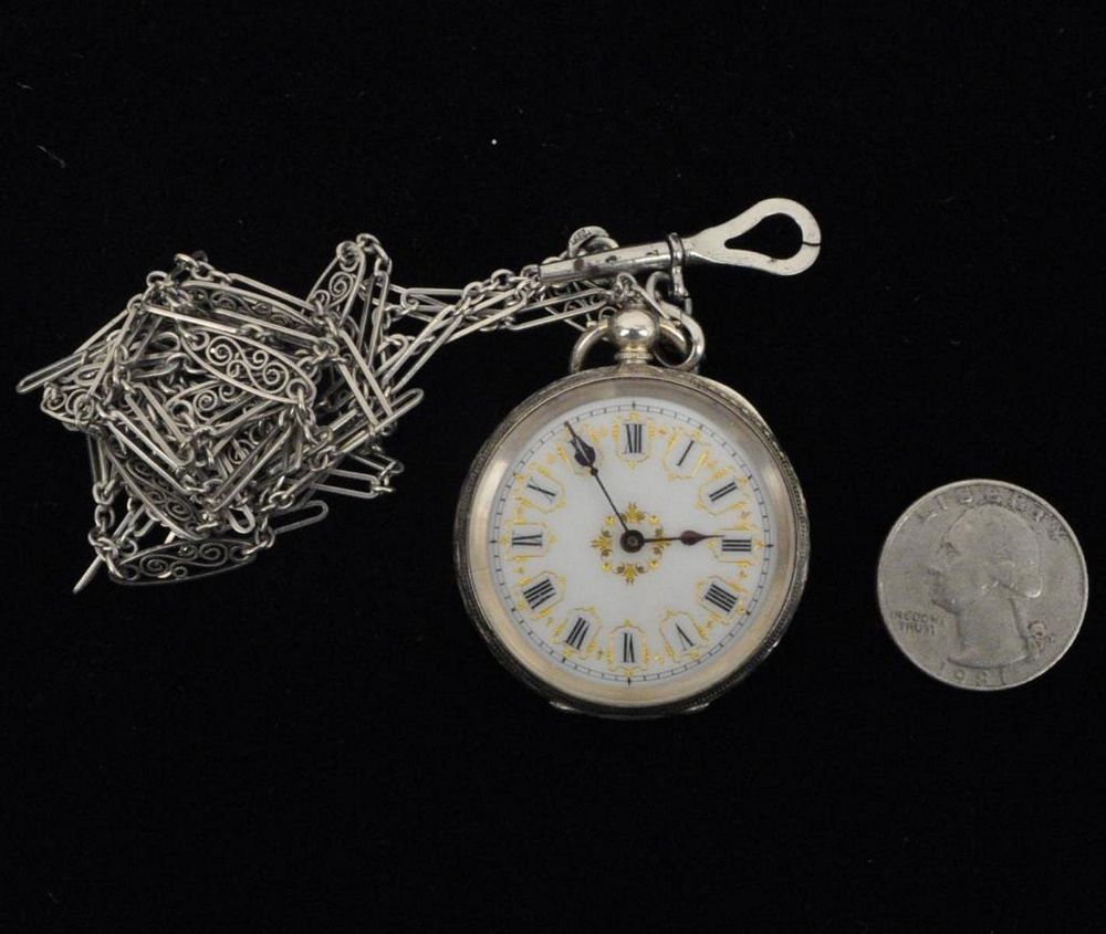 Appraisal: Sterling Pocket Watch Fancy Dial Chain likely a ladies' watch