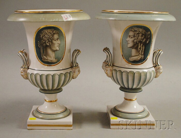 Appraisal: Pair of Modern Italian Neoclassical-style Gilt and Hand-painted Ceramic Urns