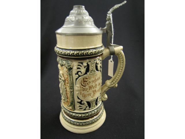 Appraisal: German Pottery Stein bas-relief scene of knight maiden sayings liter