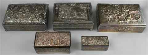 Appraisal: FIVE SILVERPLATE BOXES rectangular including one Danish with tavern scene