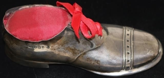 Appraisal: STERLING SILVER PIN CUSHION SHOE EARLY TH CBIRMINGHAM ENGLAND HIGH