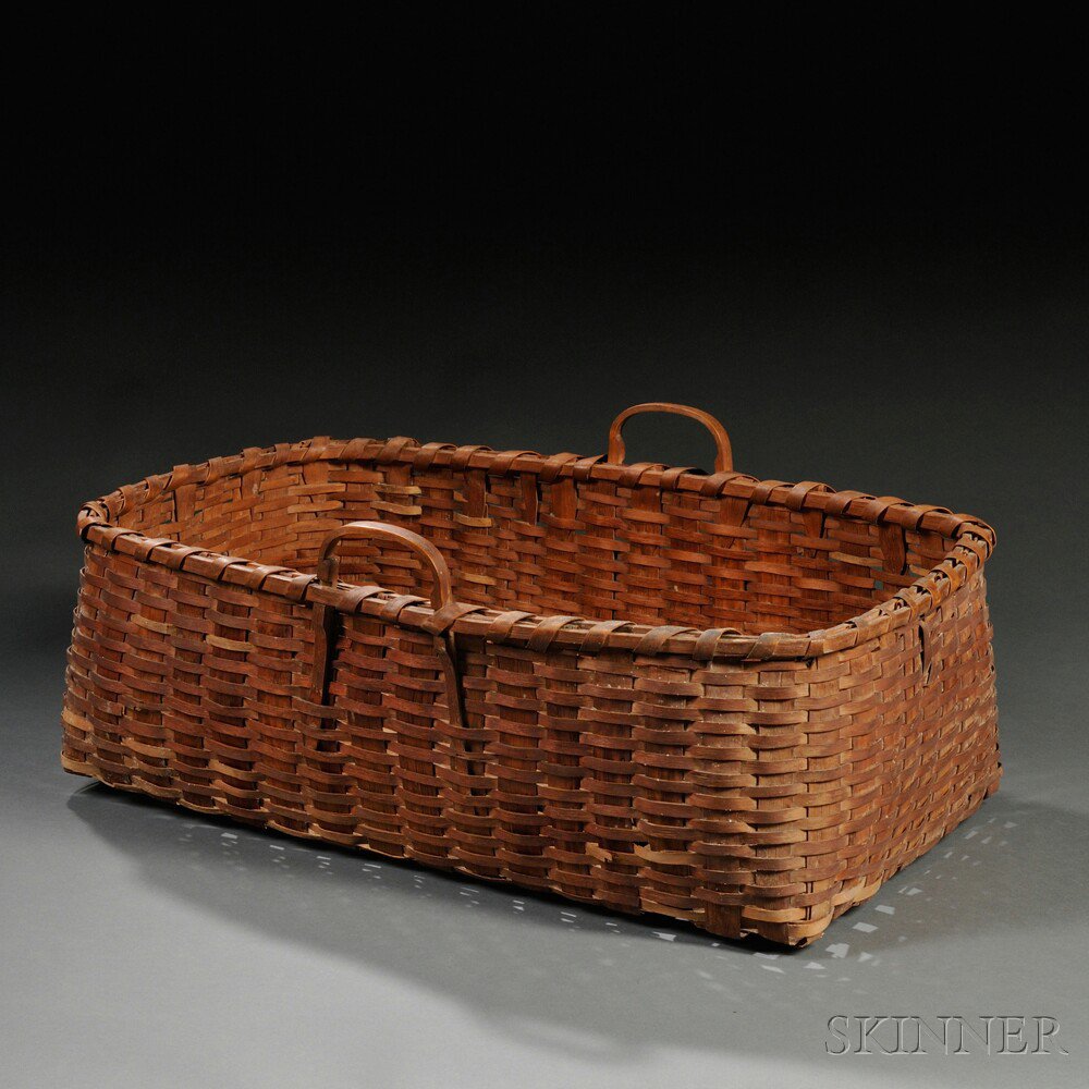 Appraisal: Large Double-handled Woven Splint Basket America th century rectangular basket