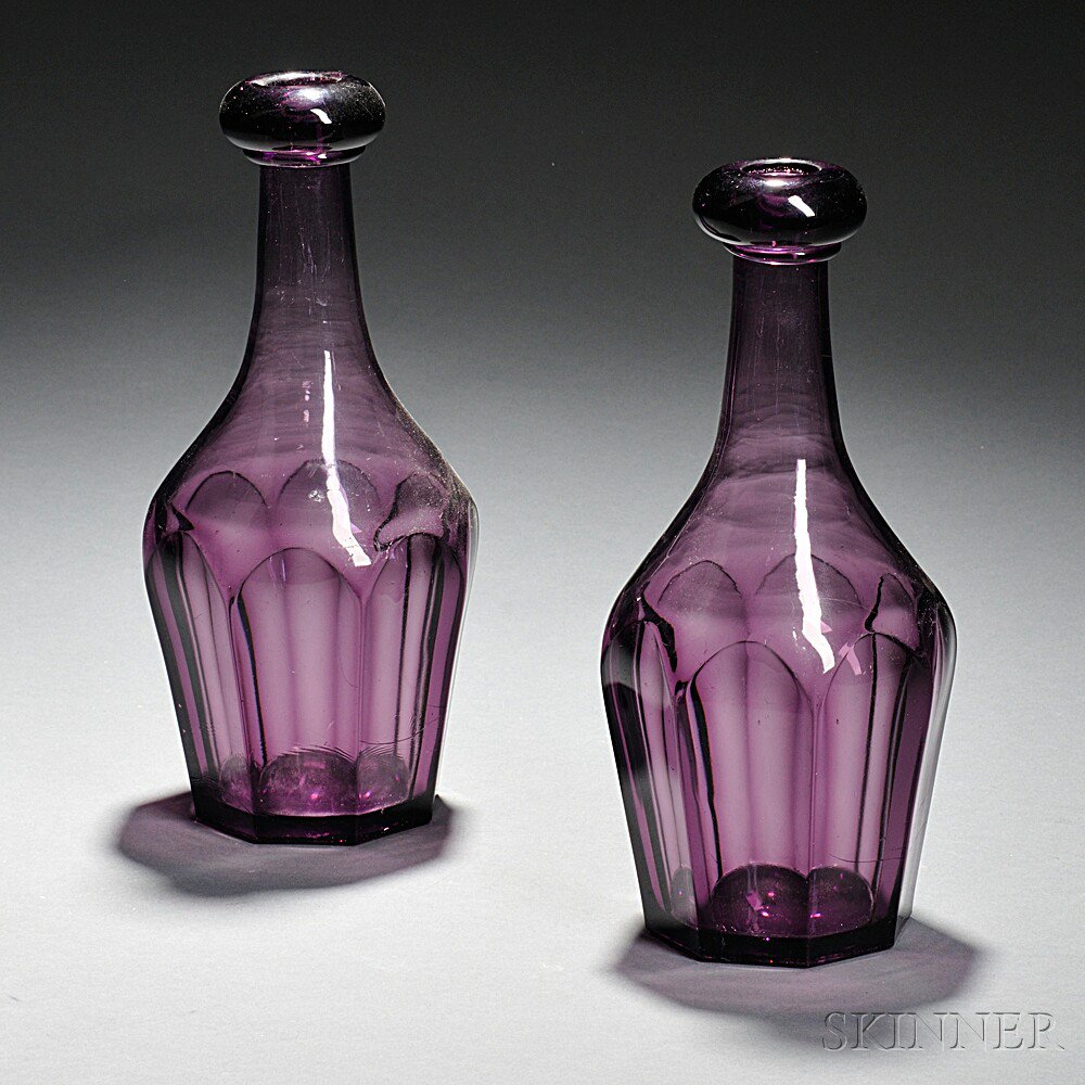 Appraisal: Two Amethyst Blown Molded No Ring Glass Bar Decanters Boston