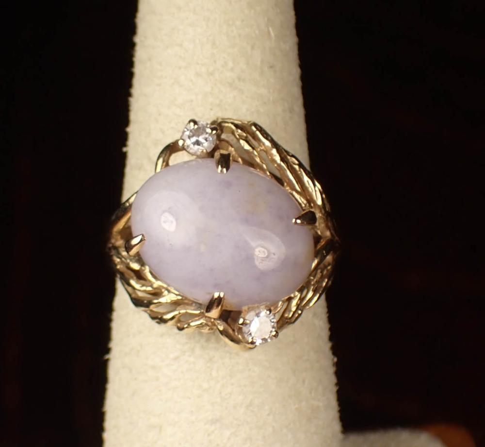 Appraisal: LAVENDER JADE DIAMOND AND FOURTEEN KARAT GOLD RING The yellow