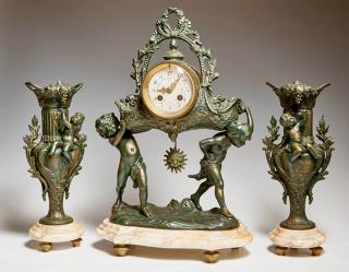 Appraisal: French Three Piece Patinated Spelter and Marble Lo French Three