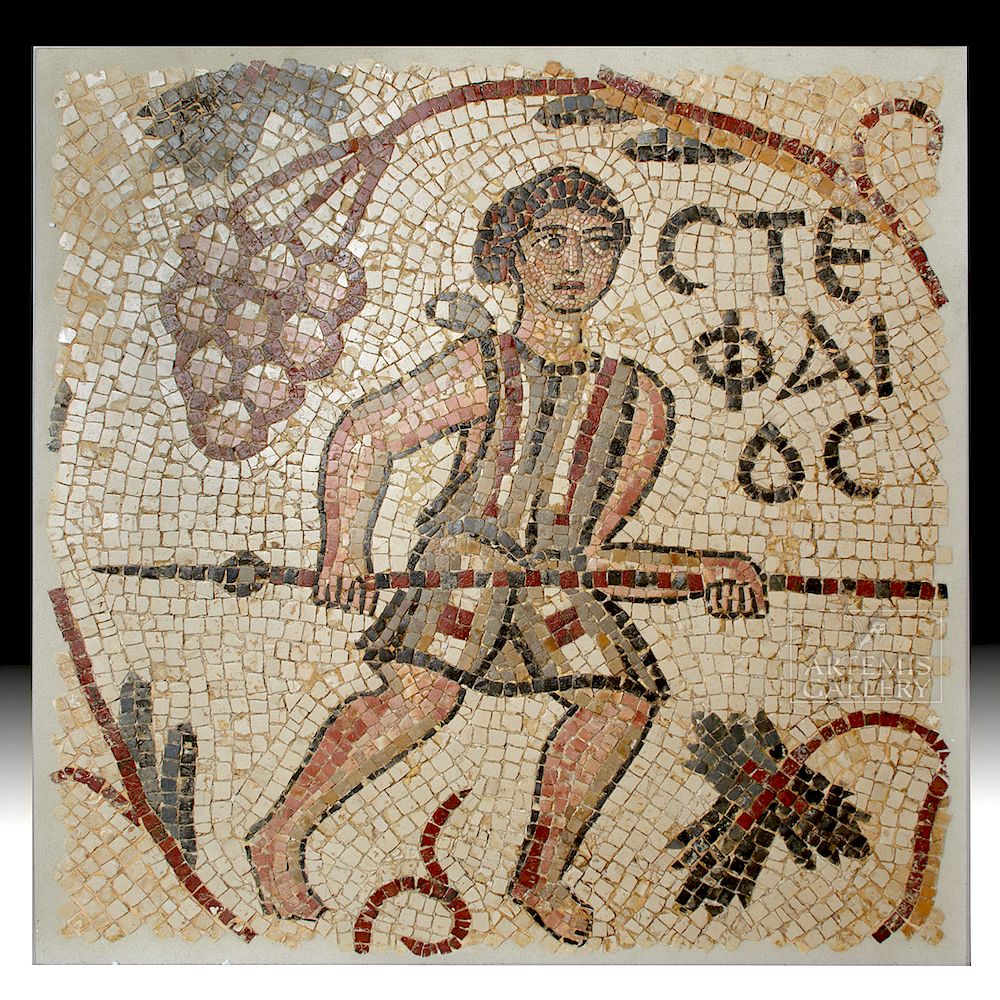 Appraisal: Roman Stone Mosaic - Spear Thrower Grapevine Roman the Levant