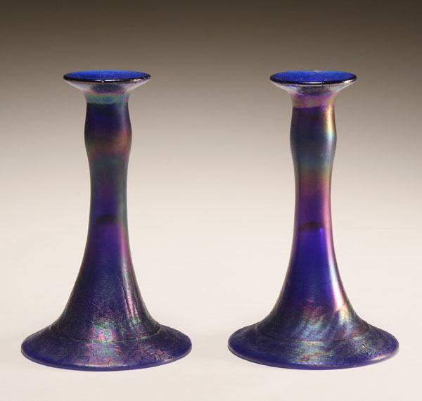 Appraisal: Rare Diamond Glass Cobalt crackle stretch glass candlesticks