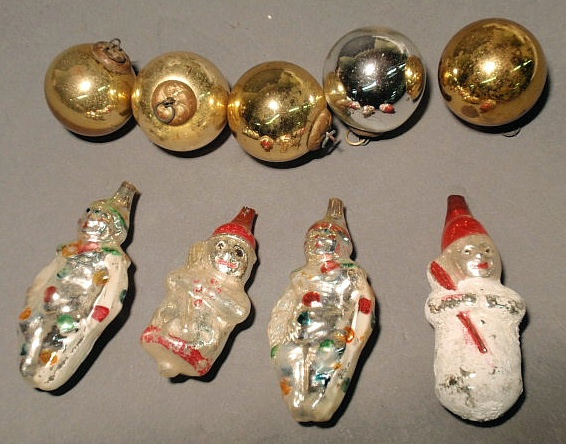 Appraisal: Four German kugels dia and four figural Christmas ornaments h